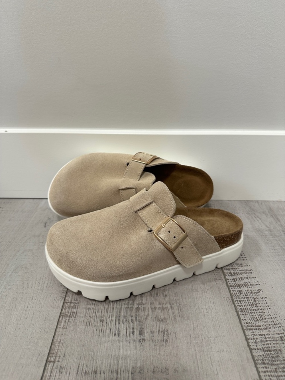 Project Cloud Beige Suede Clog Mules with Buckle